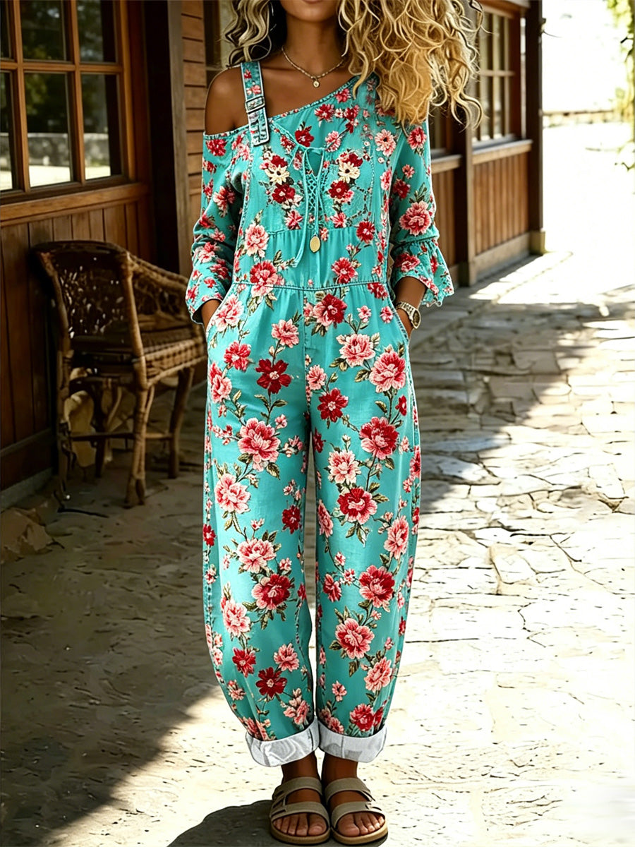 Women's Retro Style Floral Art Print Washed Cotton Denim Patchwork Jumpsuit